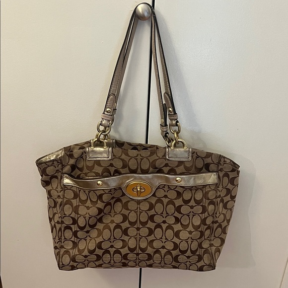 Coach Handbags - Coach Brown Signature Tote with Gold-Tone Turnlock